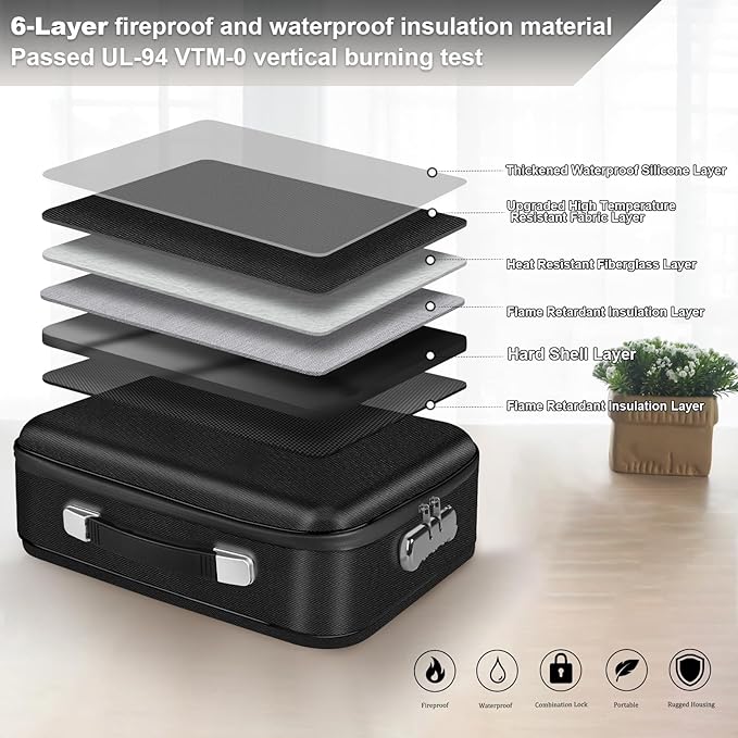 Fireproof Document Box, Hard Shell Fireproof Box, Document Organizer with Lock, Fireproof Water Resistant box, Portable Documents Safe Box for Important Document Certificates, Laptop, Passports, Black