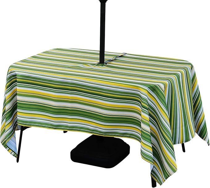 Poise3EHome 60X84 Outdoor/Indoor Waterproof Spillproof Rectangle Tablecloth with Umbrella Hole for Camping, Picnic, Party, Patio Table, Spring, Green Stripe