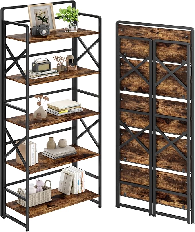 No Assembly Folding Bookshelf, 5 Tiers Vintage Wood Collapsible Book Shelf for Storage,Industrial Metal Foldable Bookcase Organizer for Living Room Bedroom Home Office (Rustic Brown)