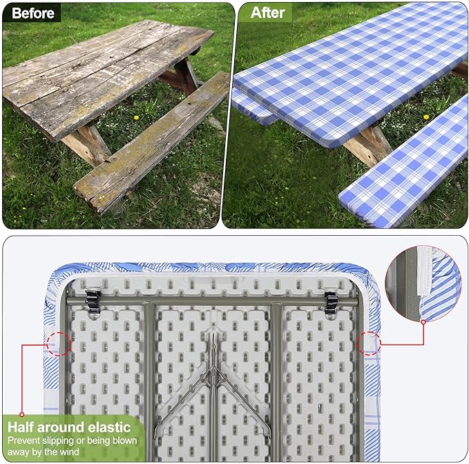 Picnic Table Cover with Bench Covers Camping Essentials Waterproof Windproof Camping Tablecloth with Drawstring Bag, Fitted Rectangle Tables and Seats, 60in, Light Blue Checkered