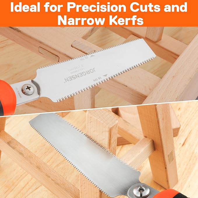 JORGENSEN Japanese Flush Cut Saw, 5 Inch Pro Double Edge Pull Saw, SK5 Flexible Blade Wood Handsaw, 18/25 TPI Blade with Soft Grip Handle for Hardwood & Softwood Woodworking, Wood Trim