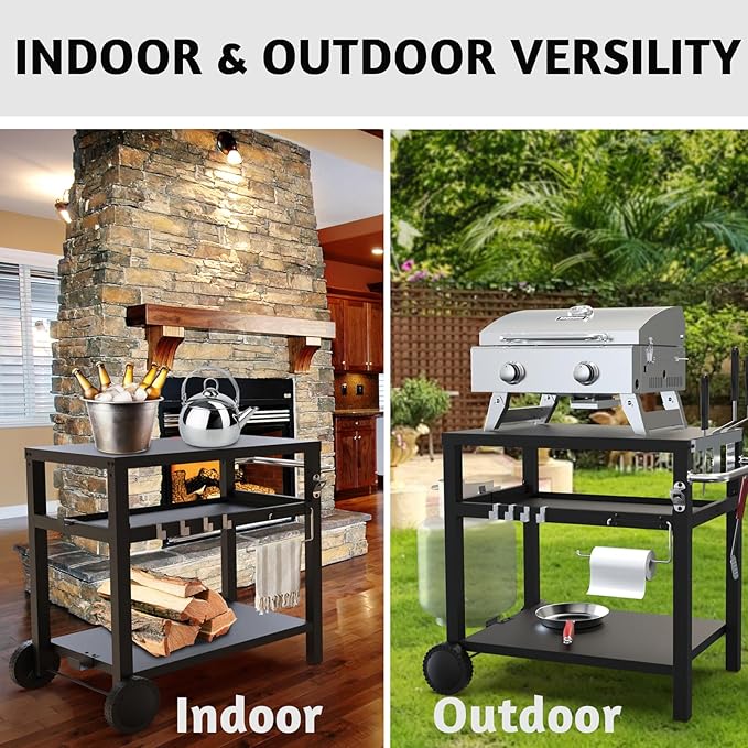 29.5''x19.6'' Outdoor Grill Cart, Pizza Oven Table Stand, 3-Shelves Food Prep Table for Ninja Woodfire, Ooni Pizza Oven, 17'' & 22'' Blackstone Griddle, Grill Stand for Picnic, Camping