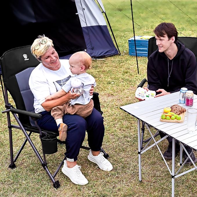 EVER ADVANCED Oversized Folding Camping Chair for Adults, Heavy Duty Lawn Chair with Side Pockets, Portable Collapsible Quad Chair for Outside, Support Up to 500lbs