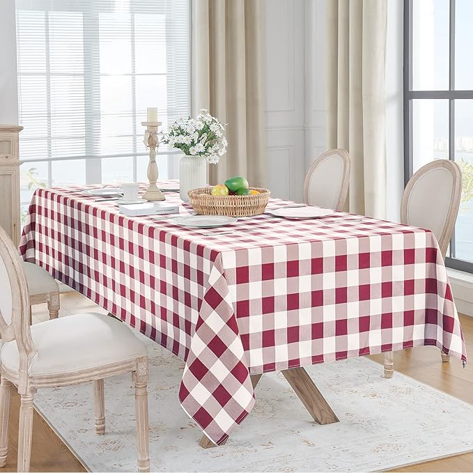 Softalker Gingham Checkered Rectangle Tablecloth - Waterproof Buffalo Plaid Table Cloth Stain Resistant Washable Table Cover for Picnic/Camping/Outdoor - Burgundy and White, 54 x 108 Inch