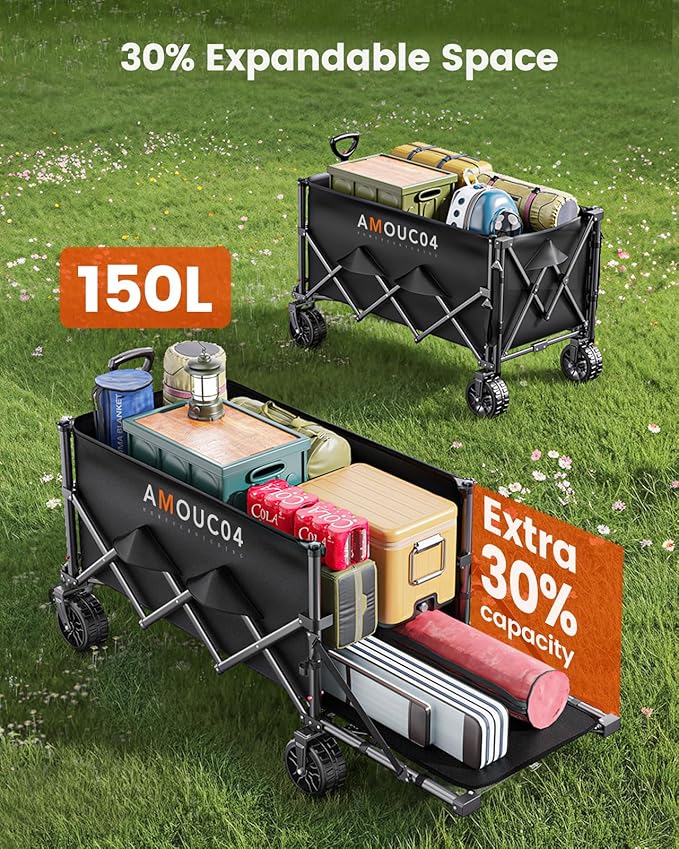 Wagon Cart Foldable, Collapsible Wagon with Expandable Storage, 150L Foldable Grocery Cart with 2 Cup Holders for Outdoor, Garden, Camping &Groceries