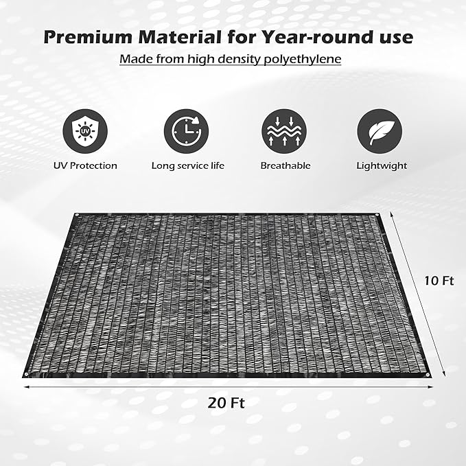 Garden expert 50% Sun Shade Cloth 10x20ft Mesh Tarp with Grommets for Plant Cover Patio Canopy Garden Pergola Greenhouse Car Barn Kennel Black