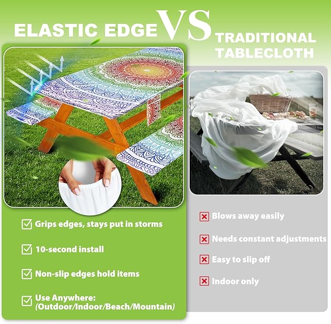 Picnic Table Cover with Bench Covers Vinyl Elastic Edges Fitted Rectangle Seat Tables Waterproof 3-Piece72X30in Set Outdoor Rectangular Folding Backing Tablecloth for Camping Over SizeTie-Dye103