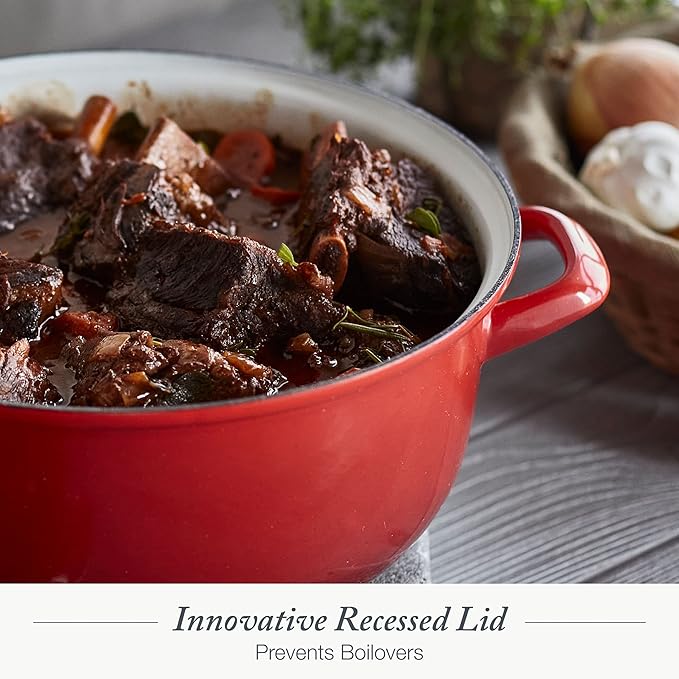 Merten & Storck 5.3QT Round Dutch Oven Casserole Pot with Lid, European Crafted Enameled Iron Stockpot, Induction & All Cooktops, Braising, Stews, Roasting, Slow Cooking, Sourdough, Foundry Red