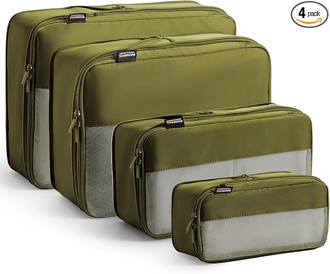 4 Set Compression Packing Cubes for Travel, Suitcases and Backpack Space Saving Organizers (Army Green)