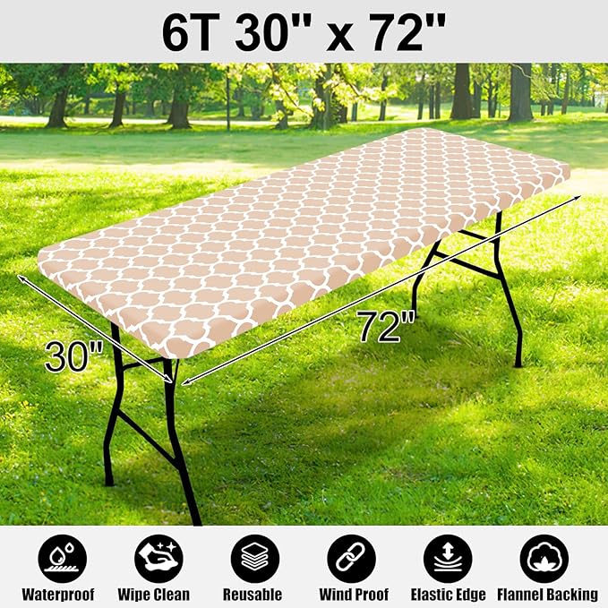 Smiry Rectangle Picnic Table Cover, Waterproof Elastic Fitted Camping Tablecloths for 6 Foot Tables, Wipeable Flannel Backed Vinyl Tablecloth Protector for Indoor, Outdoor (Khaki, 30x72 Inches)