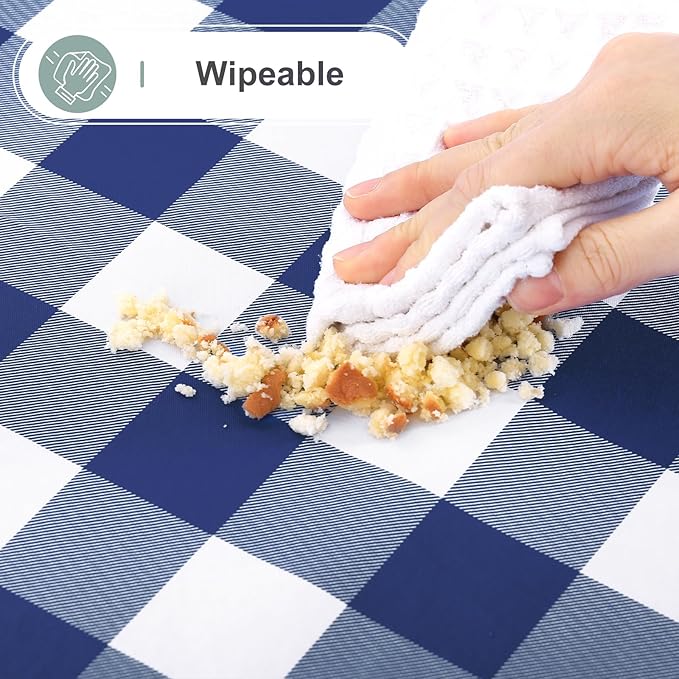 misaya Round Waterproof Vinyl Table Cloth, Buffalo Flannel Backed Tablecloth, Wipeable Plastic Table Cover for Dinner, Kitchen, Picnic (60", White and Navy)