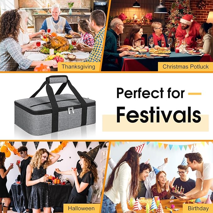 Insulated Casserole Carrier, Portable Casserole Carrier for Hot or Cold Food Lunch Tote Warmer or Cooler Bag, Lasagna Lunch Bag for Potluck Parties- Fits 9" x 13" Baking Dish-Grey