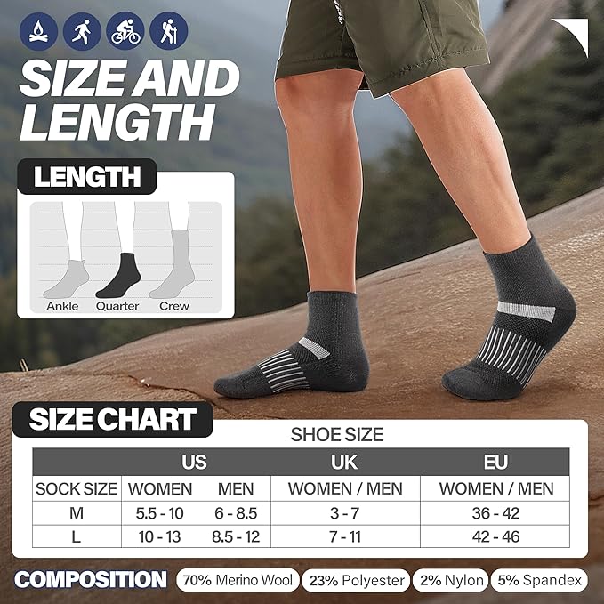 6 Pairs Merino Wool Ankle Running Hiking Socks Compression Support Breathable Thick Cushion No Show Socks for Women Men