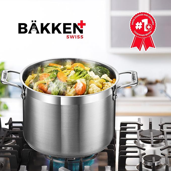 Stockpot – 12 Quart – Brushed Stainless Steel – Heavy Duty Induction Pot with Lid and Riveted Handles – For Soup, Seafood, Stock, Canning and for Catering for Large Groups and Events by BAKKEN