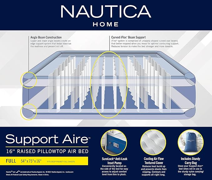 Nautica Home 16" Support Aire Size Full Cooling Pillow Top with Raised Edge Support, Curved iFlex Beam Construction, Inset Powerful Pump, Puncture Resistant Vinyl, Storage Bag