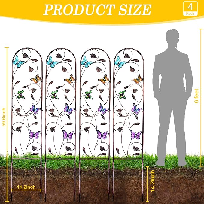 aboxoo Set of 4 Packs Butterfly Metal Garden Trellis for Climbing Plants,Outdoor Decorative Flowers Arch Fence Trellis for Outdoor Patio,Garden,Lawn,Yard,Backyard,Wall Brackets,60'' H x 11'' W