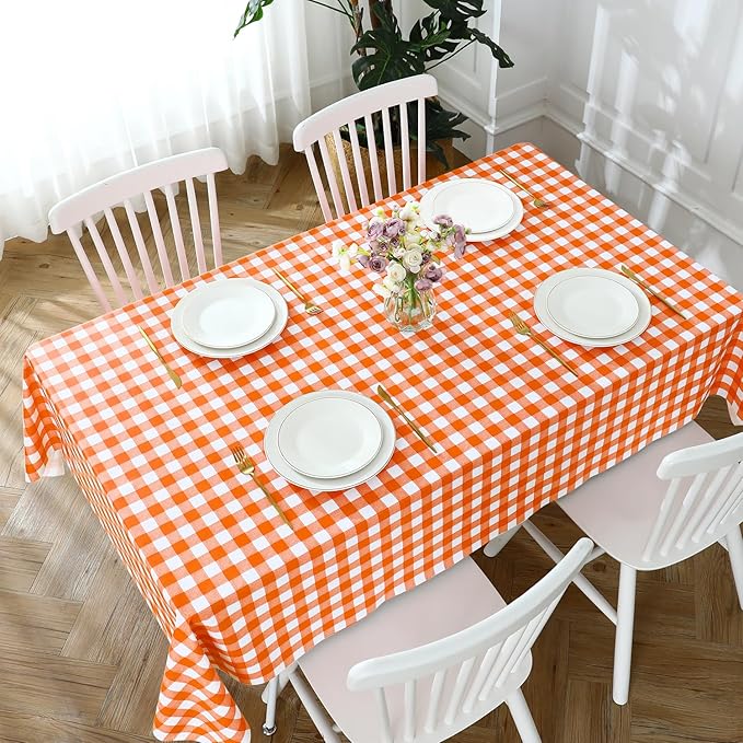 Romanstile Square Vinyl PVC Tablecloth, 100% Waterproof Buffalo Plaid Plastic Table Cloth, Oil Proof Heavy Duty Wipeable Table Covers for Dining/Camping/Picnic/Outdoor - 54 x 54, Orange and White