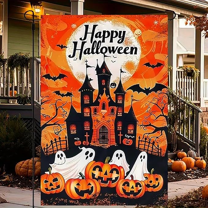 Halloween Garden Flag for Outside 12x18 Inch Double Sided, Ghost Pumpkin Small Yard Flags for Outside, Outdoor Welcome Flag Front Porch Decorations for Home