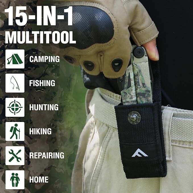 FLISSA Multitool, 15-in-1 Multi Tool Pocket Knife with Sheath, Stainless Steel EDC Multitool Pliers for Men, Camo All-in-One Tools for Camping, Fishing, Survival
