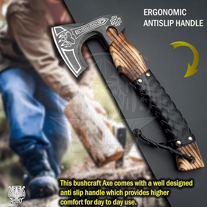 SHINY CRAFTS-Camping Axe Tomahawk Viking Bearded Axe Viking Axe Valentine's Day Gift Birthday Gift for him with Premium Leather Sheath (SCA-16)