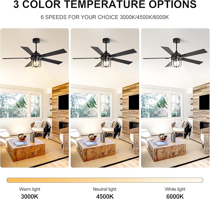 52 Inch Outdoor Ceiling Fan,IP65 Waterproof and Moisture-Proof Ceiling Fan,with Light and Remote Control,6-Speed Reversible DC Motor,Suitable for Pavilions and Terraces.Black