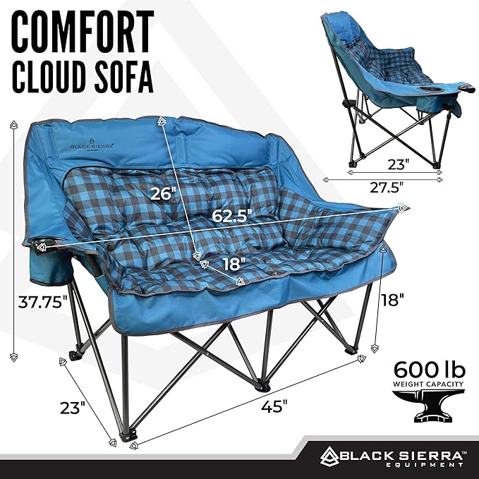 Black Sierra Double Camping Chair for Adults, Oversized Folding Loveseat Supports 600 lbs, Plush Padded Outdoor Couch with Cup Holders and Carry Bag for Beach, Patio, RV, or Tailgating Events