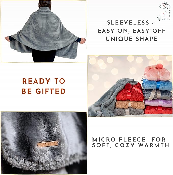 Fleece Poncho Blanket -Drape and Go No Sleeves- Lightweight Warm Wrap Shawl - Wearable Blanket - Lap Blanket - Gift for Grandma and Mom (100% Fleece, Silver Grey)