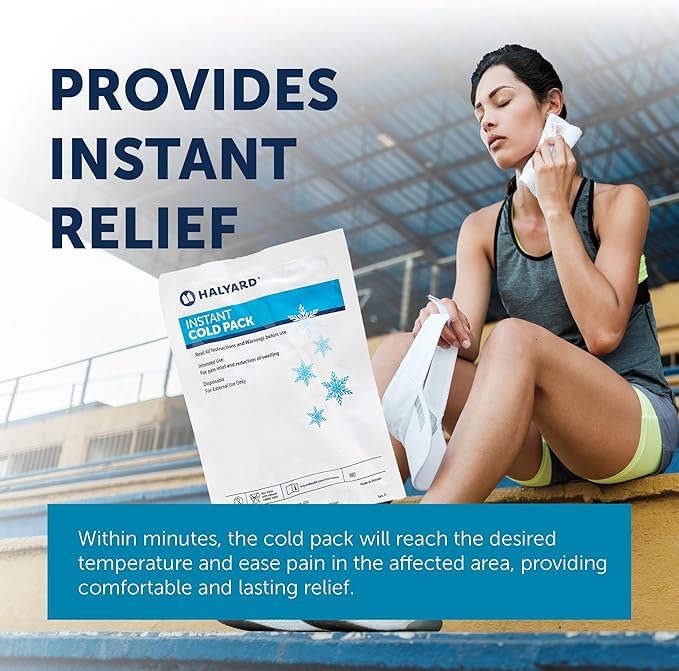 HALYARD Instant Cold Pack Disposable Cold Compress Ice Packs w/Flocking for Swelling Injuries Toothaches Sprains Strains 6 X 6.5 Inches, 24 Packs Per Case - 51778