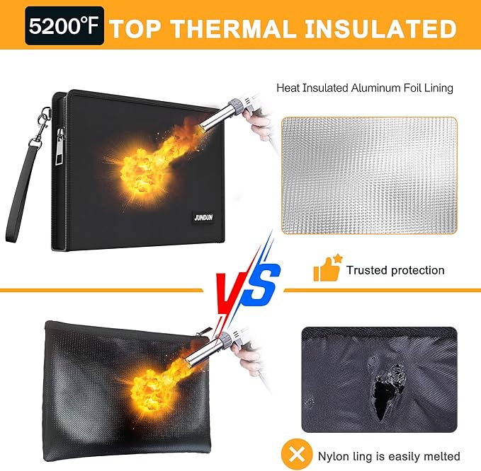 JUNDUN 5200℉ Fireproof Document Bag,13.5”x 9.6” Water Resistant and Fireproof Money Bag with Zipper,Home Fire Safe Storage Bag Pouch for Letter Size Documents,Cash,Passport and Cards