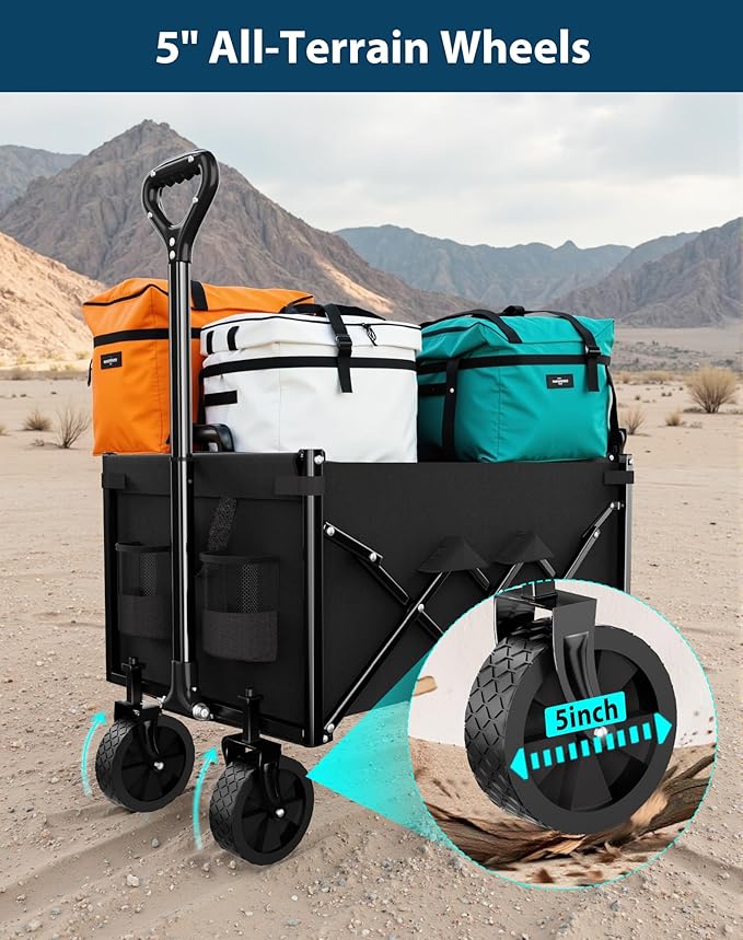 Lightweight Folding Wagon, Large Capacity Collapsible Grocery Cart on Big Wheels, Heavy Duty Foldable Shopping Carts, All-Terrain Outdoor Utility Carts for Camping, Sports, Garden, Beach, 3.5 Cu Ft