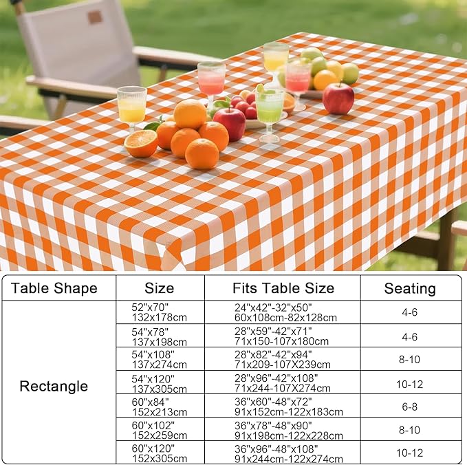 Smiry Rectangle Table Cloth, Waterproof Vinyl Tablecloth with Flannel Backing, Wipeable Buffalo Plaid Table Cover for Dining, Indoor and Outdoor (Orange & White, 60"x120")