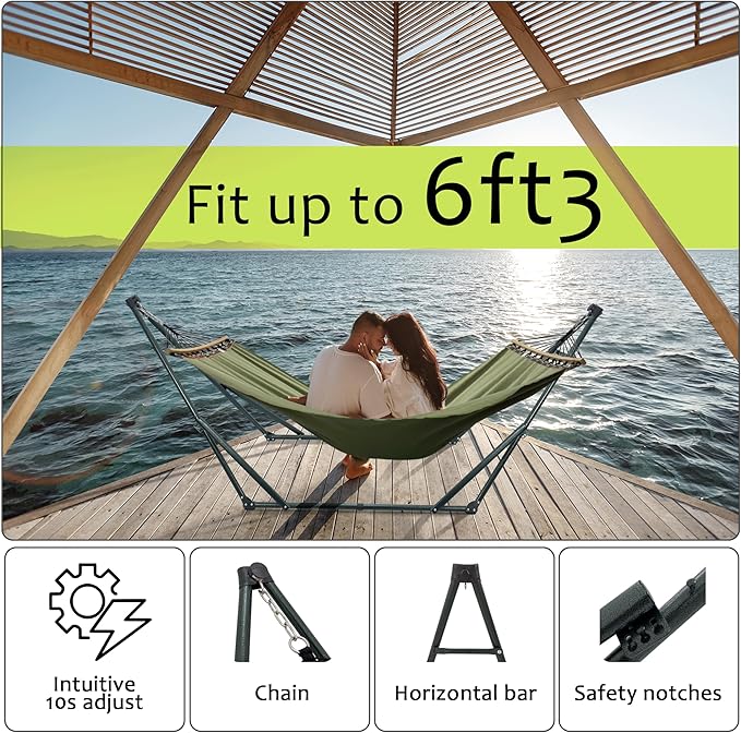 Tranquillo Sturdy Steel Hammock Stand with Premium Cotton Canvas, 600 lbs Capacity Folding Hammock Stand, Portable Hammock 30-Second Fold Unfold Spacious Hammock Design, Sage