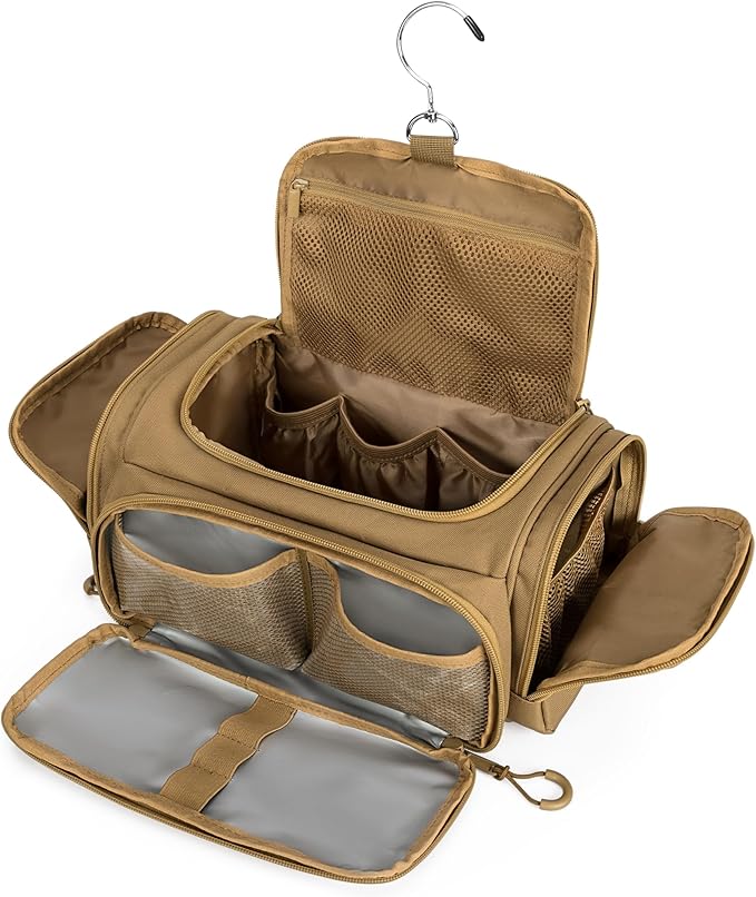 Tactical Toiletry Bag for Men, Hanging Hygiene Bag, Travel Dopp Kit Organizer for Shaving, Shower Essentials and Toiletries, Khkai (Empty Bag)