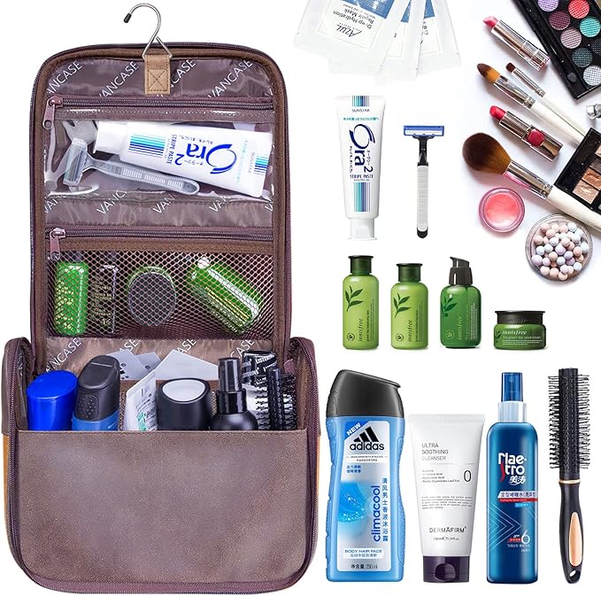 Hanging Toiletry Bag for Men VANCASE Vintage Leather Shaving Dopp Kit Medium Waterproof Travel Bathroom Bags Portable Shower Organizer