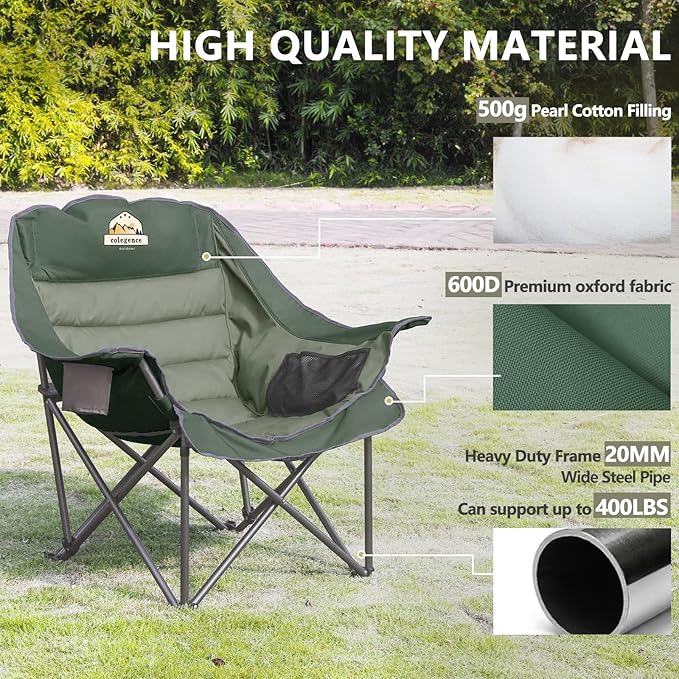 Oversized XL Padded Camping Chair Set of 2 Wide Heavy Duty Lawn Chairs Support 450 LBS Portable Folding Gaint Plus Camp Chair for Outdoor Outside Sports Baseball Soccer-Green