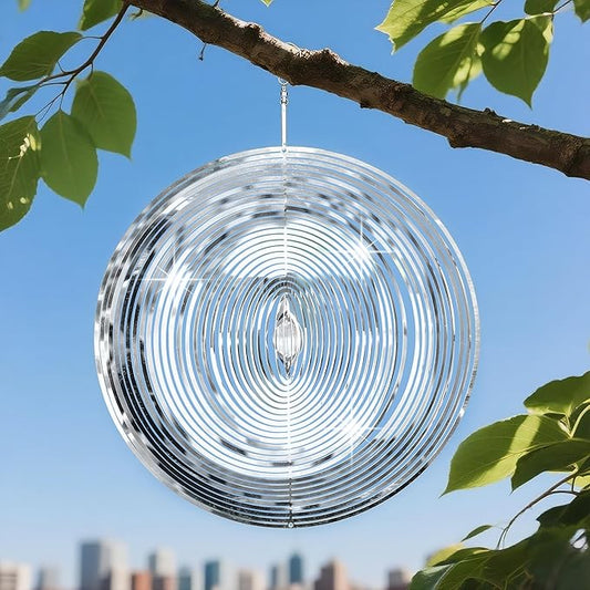 10 inch Wind Spinners Outdoor Silver Round Metal Wind Spinners for Yard and Garden, Stainless Steel Hanging Wind Chimes for Outside Patio Art Decor Whirligig Gifts for Mom Grandmother