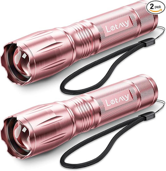 LETMY Tactical Flashlight S2000-2 Pack Bright Military Grade LED Flashlights High Lumens - Portable Handheld Flash Light, 5 Modes Zoomable Waterproof Flashlights for Home Emergency Camping- Pink
