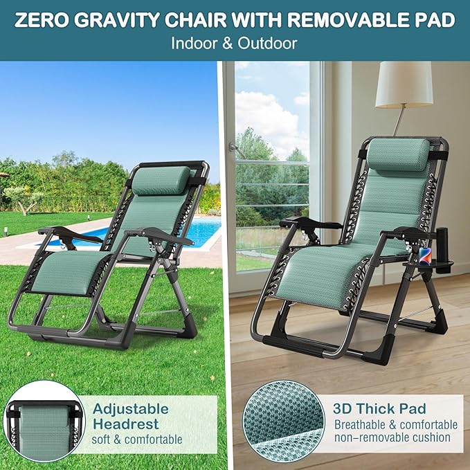 NAIZEA Padded Zero Gravity Chair, Cooling Fabric Folding Outdoor Lounge Chairs, Adjustable Reclining Camping Chairs with Cup Holder, Ergonomic Patio Lawn Chair for Balcony Beach Deck Yard