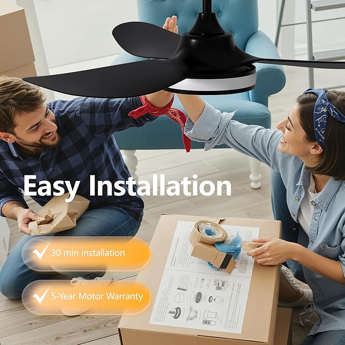 42 Inch Ceiling Fan with Light and Remote, Modern 3 Blade DC Motor Quiet Fan, Dimmable RGB LED, Reversible ABS Blades, for Bedroom Living Room(Black)