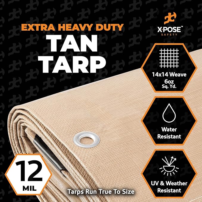 Heavy Duty Tan Poly Tarp 15' X 30' - Multipurpose Protective Cover - Durable, Waterproof, Weather Proof, Rip and Tear Resistant - Extra Thick 12 Mil Polyethylene - by Xpose Safety