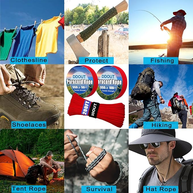 Paracord Nylon Rope Red 50ft with 7-Strand Core, 10 Colors and 50/100/200 ft, Type III Parachute Cord 4mm for Camping, Survival, Hiking, DIY, Crafting, Outdoor Utility Rope