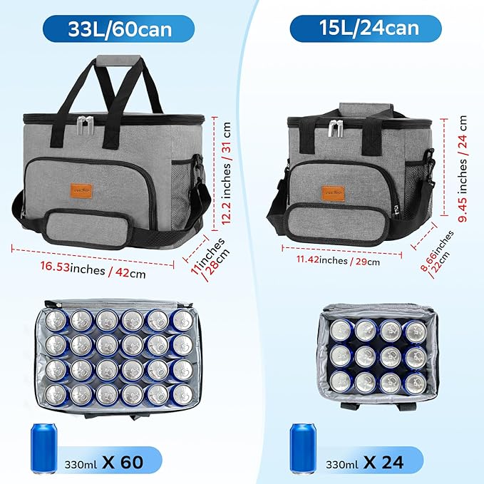Portable Soft Cooler Bag - 24/60 Can Insulated Camping Cooler, Leakproof Collapsible Soft Sided Cooler for Drink, Suitable for Picnic, Beach, Outdoor, Lunch, Work, Ice Chest