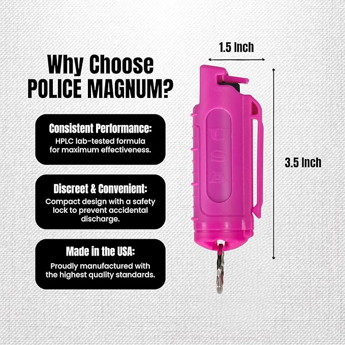 Police Magnum Keychain Pepper Spray Self Defense Belt Clip Holder - 2 Pack Tactical Maximum Strength OC with Dye - Small Safety Key Chains for Women & Men - Made in The USA