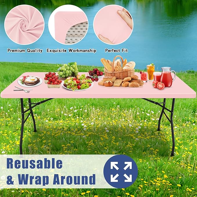 Spandex Picnic Table Cloth 2 Pack, Elastic Fitted Tablecloths for 4 Foot Rectangle Tables, Stretch Washable Patio Table Cover for Outdoor, Camping, Banquet and Parties (Pink, 30"x48")