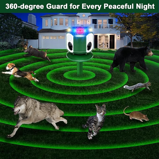 2025 Upgraded Solar Animal Repeller - 360° Animal Repellent Ultrasonic Outdoor - Deer Cat Repellent Devices Squirrel Dog Repeller with Motion Sensor & Flash for Fox Bird Mole Skunk Coyote Raccoon