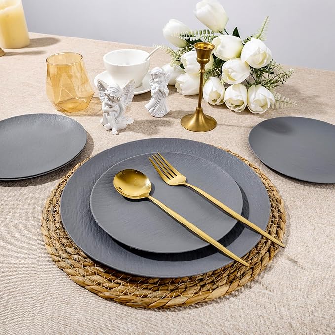 WONDERFUL 32pcs Dark Grey Plastic Plates Reusable Plates Unbreakable and Dishwasher safe Dishes Set Outdoor Plate Includes:16 Dinner 10" and 16 Dessert Plate 7.3" Suitable for BBQ & Camping