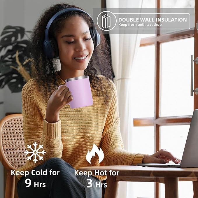 Volhoply 12oz Insulated Leakproof Coffee Mug with Flip & Straw Lid,Double Wall Vacuum Stainless Steel Travel Cafe Tumbler Cup with Handle,Reusable Camping Mugs Keep Cold/Hot(Purple,1 Set)