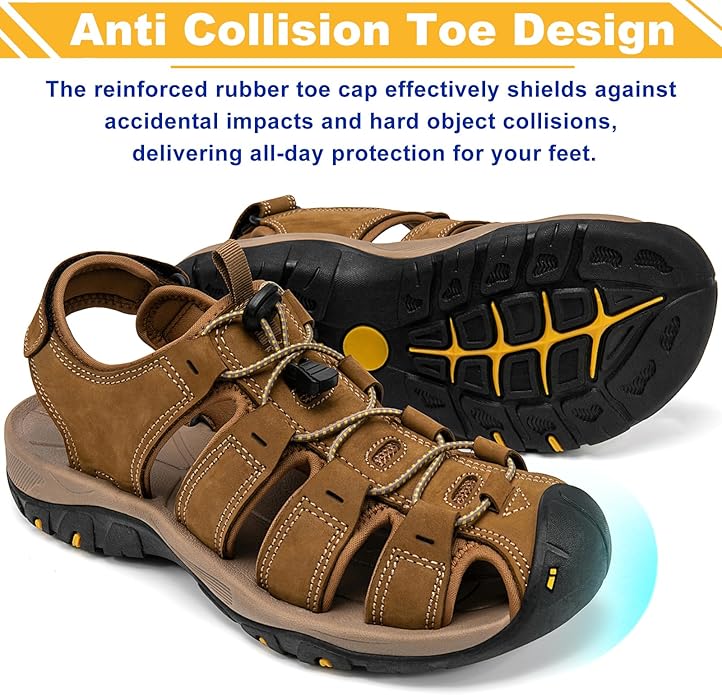 Men's Sport Sandals Closed Toe Leather Hiking Athletic Walking Outdoor Beach Trail River Fishing Water Shoes Lightweight Comfortable Waterproof