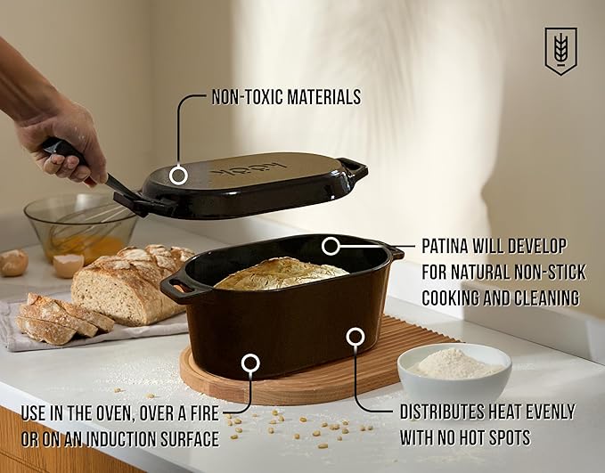 Kook Dutch Oven with Lid, Sourdough Bread Baking Supplies, Banneton Bread Proofing Set, Dual Handles, Enameled Cast Iron, Great for Baking Bread, 3.4 Qt, Artisan Sourdough Bread Making Kit, 9.8 Inch Rattan Baskets and Liners, Oval