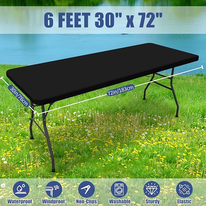 Spandex Picnic Table Cloth 2 Pack, Elastic Fitted Tablecloths for 6 Foot Rectangle Tables, Stretch Washable Patio Table Cover for Outdoor, Camping, Banquet and Parties (Black, 30"x72")